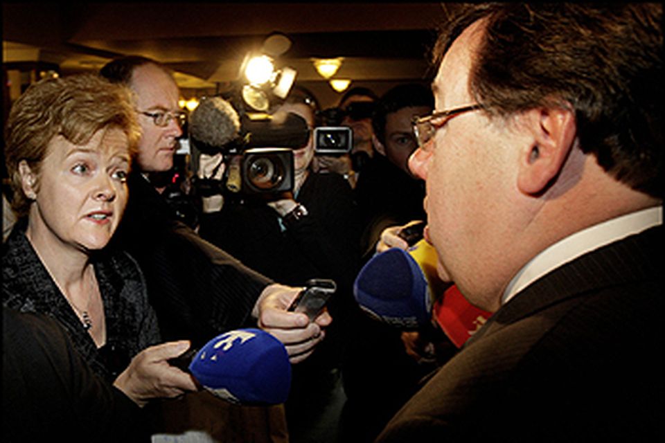 Taoiseach Brian Cowen is questioned about his drinking by TV3' s Ursula Halligan at the Ardilaun Hotel yesterday. Photo: Steve Humphreys