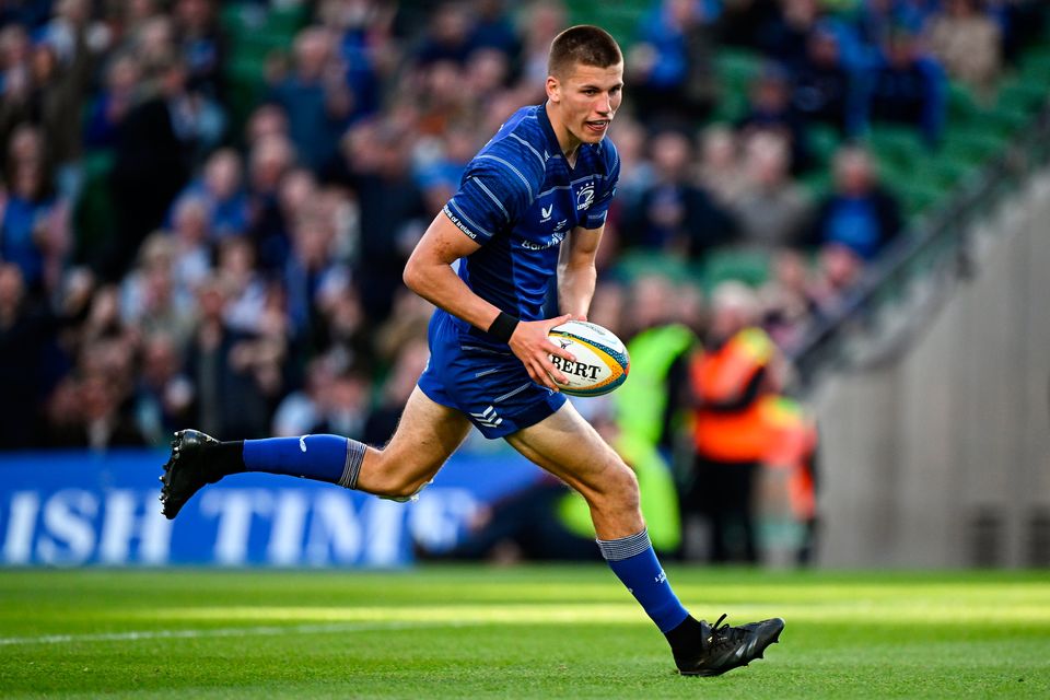 Sam Prendergast of Leinster scores his side's seventh try during the United Rugby Championship win over Zebre at the Aviva Stadium in Dublin. Photo: Seb Daly/Sportsfile
