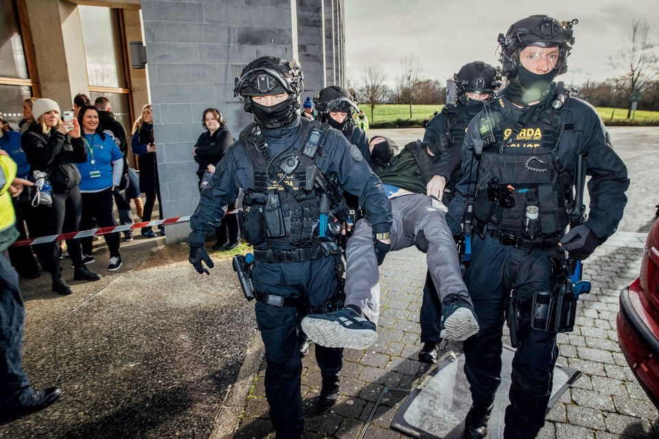An injured civilian is taken from the scene by An Garda Siochana Armed Support Unit as the Largest ever immersive simulation thrusts UL students into emergency situation. Photo: Brian Arthur