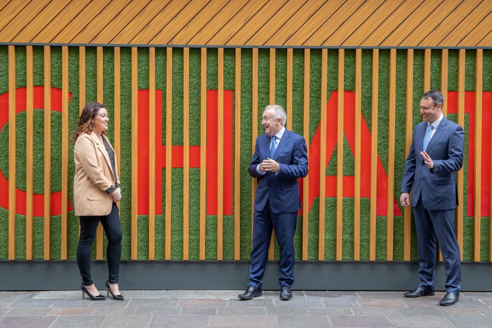 Talking shop: Lorraine Rabbitte, Spar retailer, Leo Crawford, group CEO, BWG, and John O’Neill, Spar retailer, outside the relaunched Spar Millennium Walkway store in Dublin city