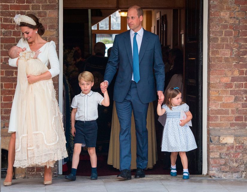 Catherine Duchess of Cambridge and Prince William, Duke of Cambridge with their children Prince George, Princess Charlotte and Prince Louis after Prince Louis' christening at St James's Palace on July 09, 2018 in London, England. (Photo by Dominic Lipinski - WPA Pool/Getty Images)