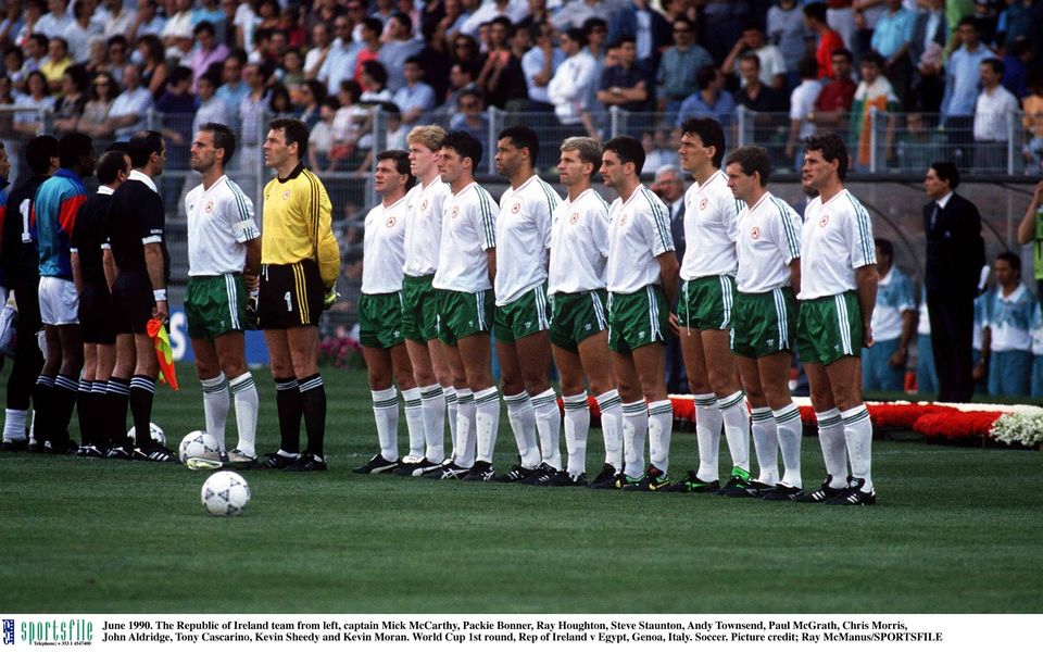 June 1990. The Republic of Ireland team from left, captain Mick McCarthy, packie Bonner, Ray Houghton, Steve Staunton, Andy Townsend, Paul McGrath, Chris Morris, John Aldridge, Tony Cascarino, Kevin Sheedy and Kevin Moran. World Cup 1st round, Rep of Ireland v Egypt, Genoa, Italy. Soccer. Picture credit; Ray McManus/SPORTSFILE