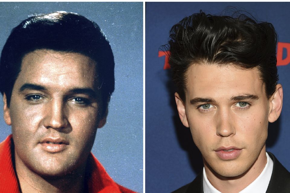 This combination photo shows singer-actor Elvis Presley in a 1964 photo, left, and actor Austin Butler who will play him in a movie (AP)
