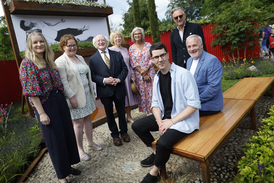 President Michael D. Higgins visits the Rise Garden at Bloom in July 2023. The award-winning garden was created by a group of young people from Oberstown Children Detention Campus.