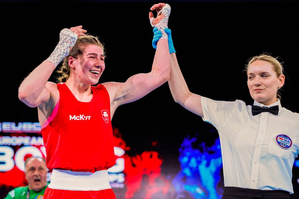 Aoife O'Rourke of Ireland is declared victorious over Anastasiia Shamonova of Russia in their women's 75kg middleweight final bout during the 2024 European Boxing Championships at Aleksandar Nikolić Hall in Belgrade