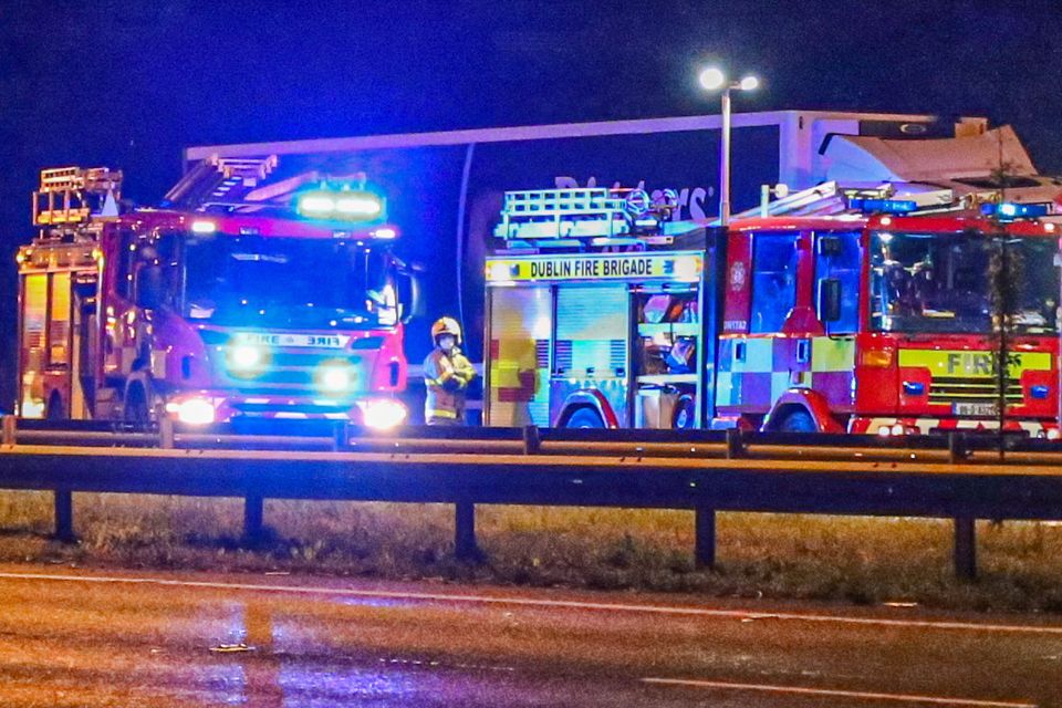 Emergency services at the scene of the fatal road
crash involving a truck and a car which occurred on the N7
at Junction 3, just before Rathcoole. Photo: Damien
Storan.