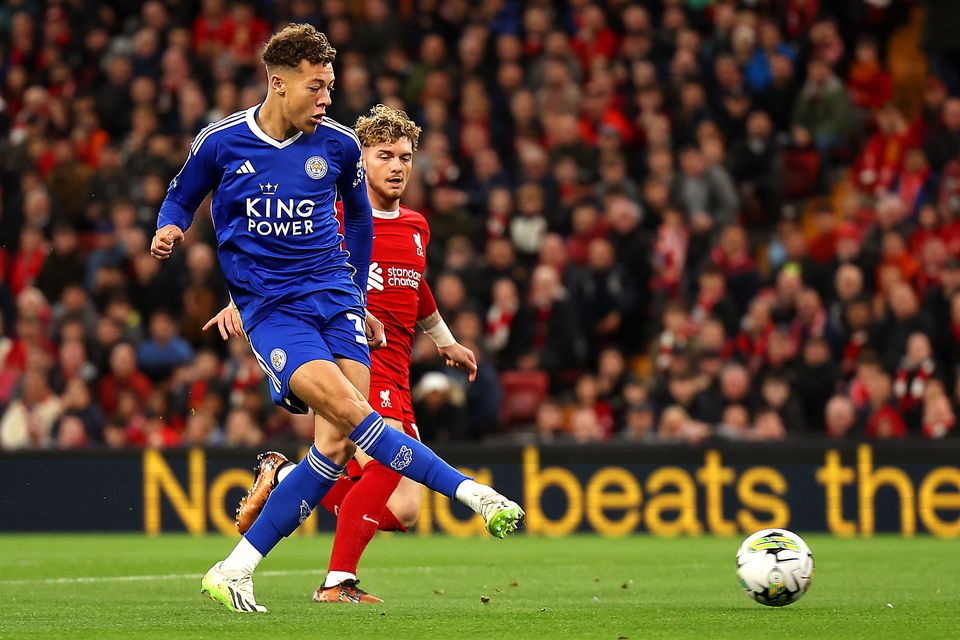 Kasey McAteer of Leicester City scores the team's first goal during the Carabao Cup Third Round match against Liverpool at Anfield. (Photo by Matt McNulty/Getty Images)