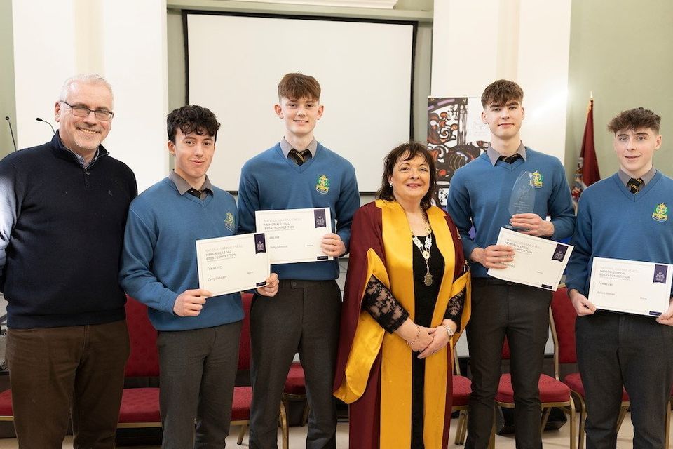 President of the Law Society of Ireland, Maura Derivan second from left, with the finalists and third place winner, Declan McGrath, Derry Flanagan, Anthony Johnston, and Michael Kerley and Robert Keenan