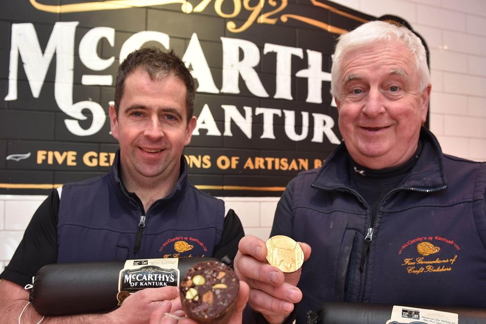 Tim and Jack Mc Carthy of Mc Carthy's Butchers, Kanturk, Co. Cork with their Gold Medal received for their Coronation Pudding, a recipe cpmprising Teelings Whisky, Cream and Apple, won from La Confrérie des Chevaliers du Goûte Boudin, or the Brotherhood of the Knights of the Black Pudding in Mortagne-au-Perche, in the heart of France. Pic Michael Mac Sweeney/Provision