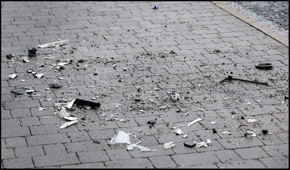Debris from a 4X4 across the road from the scene of the ATM foiled raid on the Main Street in Virginia, Co Cavan.
Pic Steve Humphreys