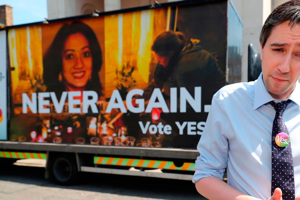 Health Minister Simon Harris speaking to the media at a Together for Yes billboard launch in Dublin, ahead of the referendum. Photo: Niall Carson/PA Wire