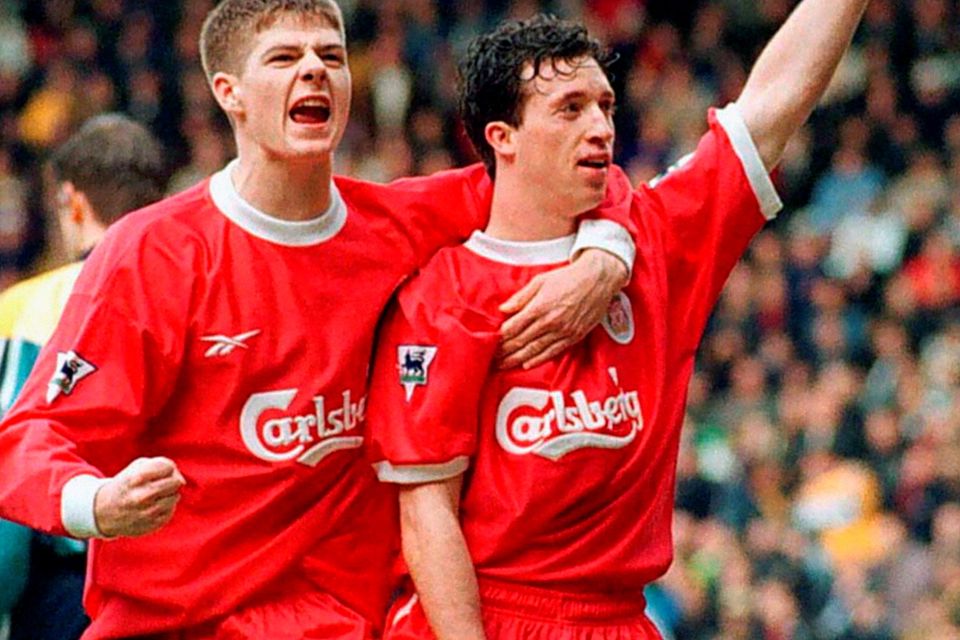File photo dated 13-03-1999 of This picture may only be used within the context of an editorial feature. Liverpool's Steve Gerrard (left) celebrates teammate Robbie Fowler's goal against Derby County, during their FA Premiership football match at Pride Park, Derby  
Rui Vieira/PA Wire.