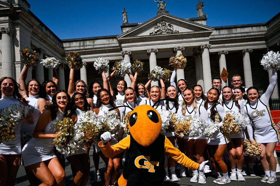 24 August 2024; Georgia Tech mascot Buzz and cheerleaders before the 2024 Aer Lingus College Football Classic match between Florida State and Georgia Tech at Aviva Stadium in Dublin. Photo by David Fitzgerald/Sportsfile 