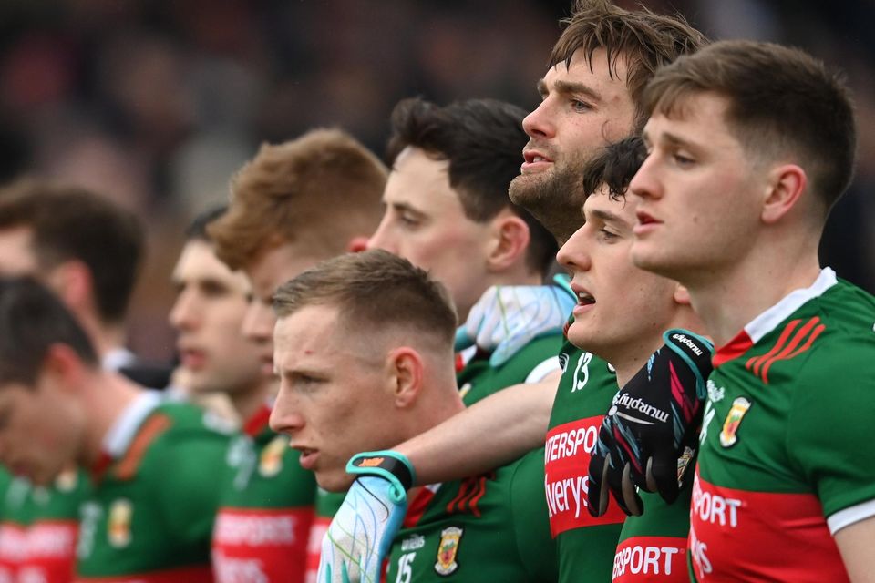 Aidan O'Shea and his Mayo teammates before the Allianz Football League Division 1 win over Donegal in Ballybofey last Sunday. Photo: Ramsey Cardy/Sportsfile