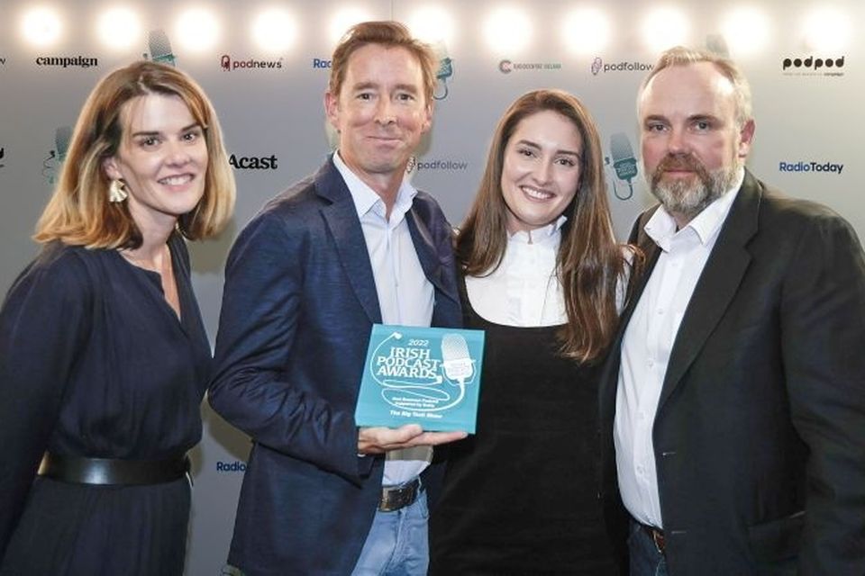 Mary Carroll (left), Group Audio Producer, Adrian Weckler, Tech Editor, Tabitha Monahan, and Cormac Burke, Editor in Chief Mediahuis, receiving the award for the Best Business Podcast at the Irish Podcast Awards 2022 . Photo: Arthur Carron