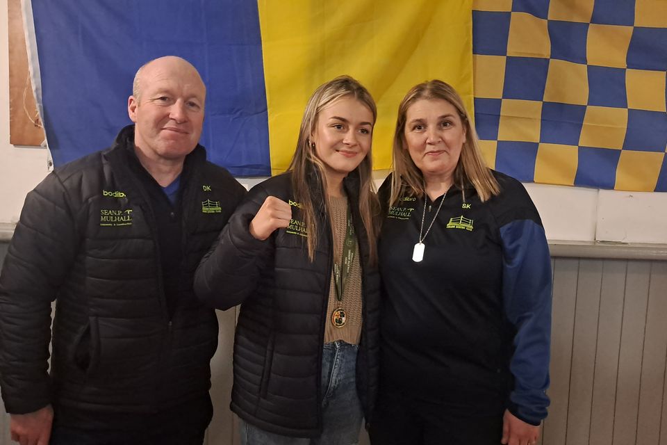 Darragh, Siofra and Shirley Kenny at Kenny's Corner House, Carnew, after Siofra received a hero's welcome after defeating Georgia Stewart in the All-Ireland 60kg under-18 boxing final. 