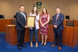 thumbnail: Cathaoirleach of the Wicklow Municipal District Paul O'Brien, CEO of Wicklow County Council Emer O' Gorman and Brian Gleeson present Amy Davis with the Cathaoirleach's Achievements and Contributions to Sport Award at a Civic Reception in Council Buildings, Wicklow town.