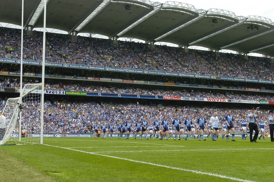 Dublin and Laois parade before a packed Croke Park prior to the start of the 2005 Leinster SFC final. Photo: Ciara Lyster / Sportsfile