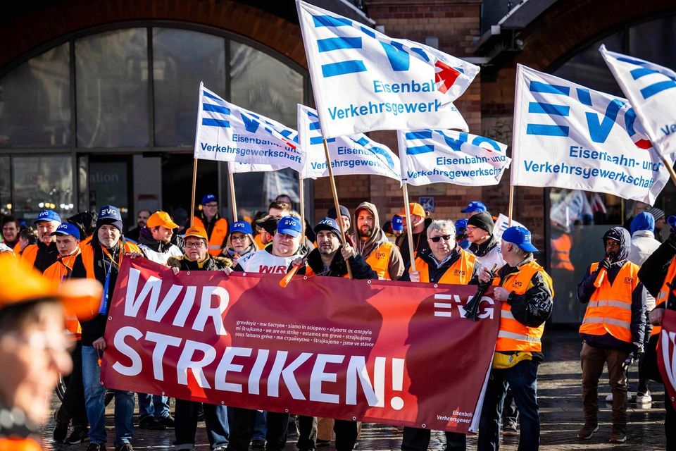 Rail workers on strike in Bremen, Germany. Photo: Sina Schuldt/DPA via AP