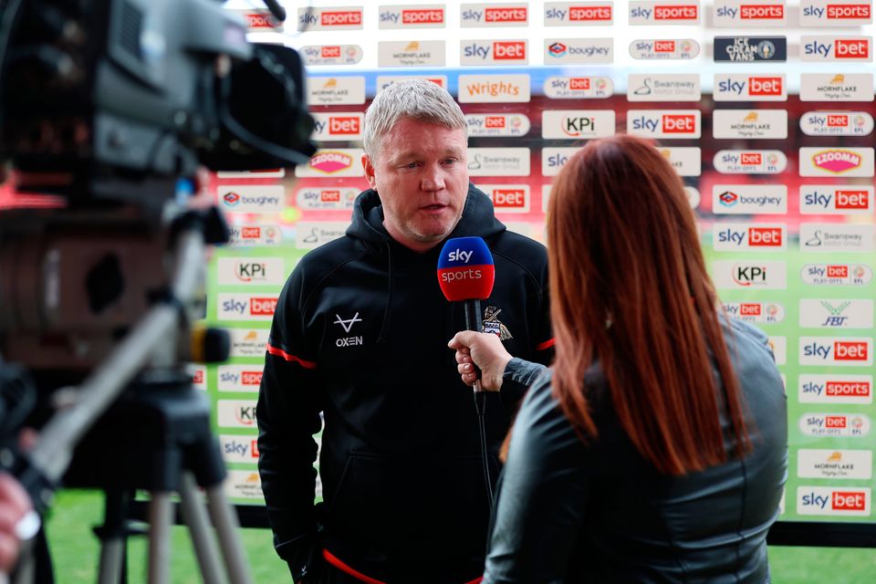 CREWE, ENGLAND - MAY 06: Grant McCann, Manager of Doncaster Rovers, speaks to Sky Sports prior to the Sky Bet League Two Play-Off Semi-Final 1st Leg match between Crewe Alexandra and Doncaster Rovers at Mornflake Stadium on May 06, 2024 in Crewe, England. (Photo by Nathan Stirk/Getty Images)