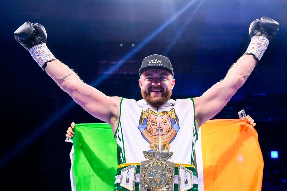 Thomas Carty celebrates victory over Jay McFarlane following their vacant Boxing Union of Ireland Celtic heavyweight title fight at the 3Arena in Dublin