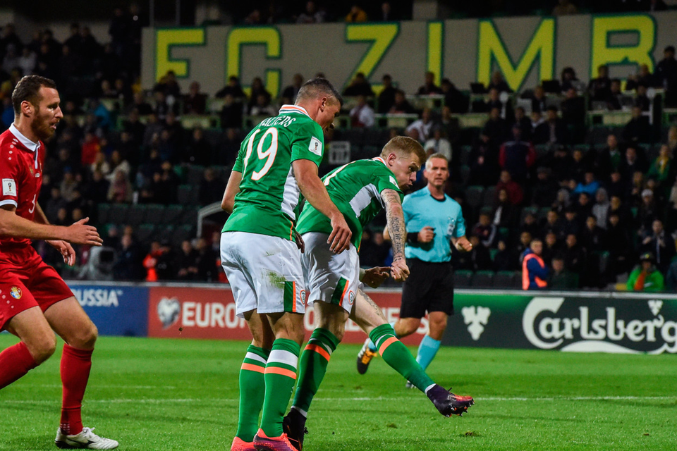 James McClean shots to score Ireland’s second goal in Moldova last night DAVID MAHER/SPORTSFILE