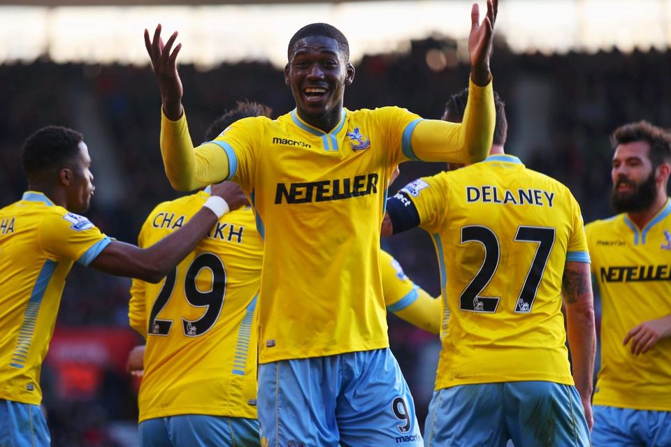 Yaya Sanogo of Crystal Palace (9) celebrates as Marouane Chamakh (obscured) scores their third goal during the FA Cup Fourth Round match between Southampton and Crystal Palace at St Mary's Stadium