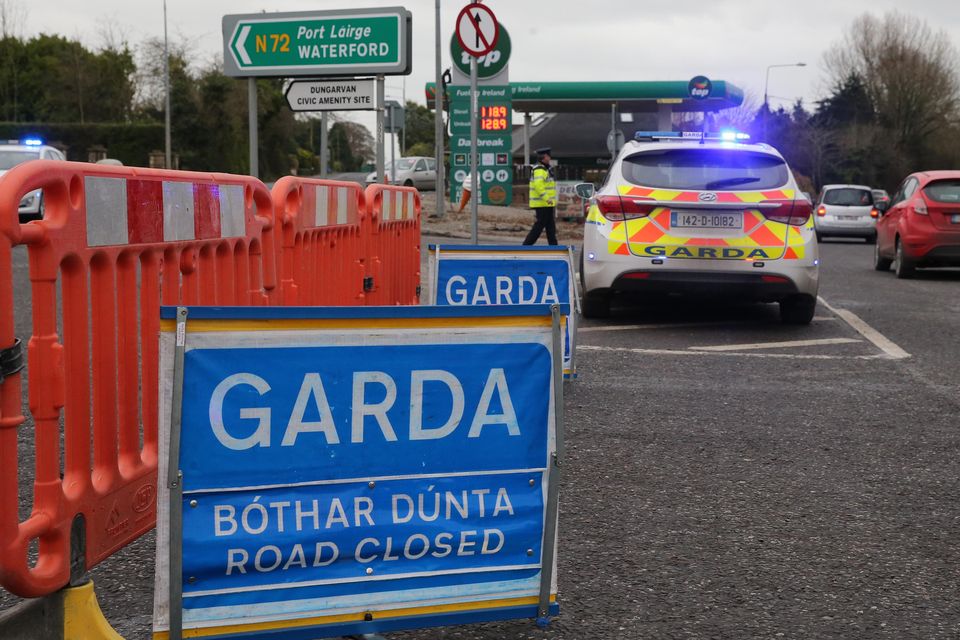 A Garda checkpoint at the fatal road traffic accident on the N72 outside Dungarvan, Co
Waterford. Photo: Patrick Browne