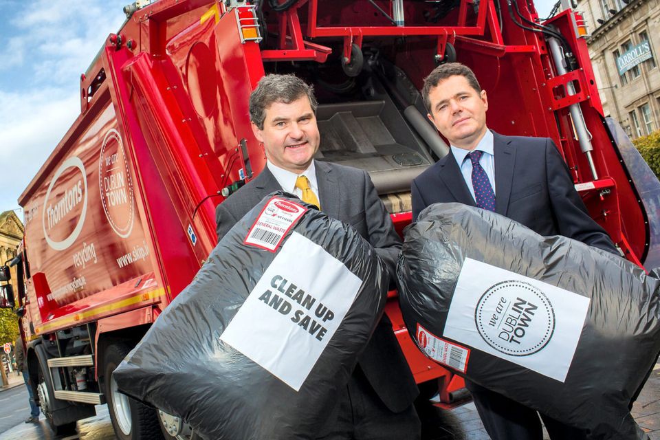Dublin Town CEO Richard Guiney and Tourism Minister Paschal Donohoe at the launch of a waste disposal programme