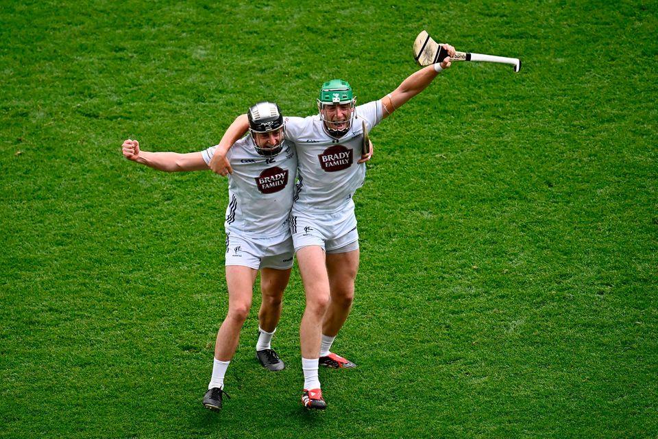 Kildare's David Qualter, left, and Jack Sheridan celebrate after their side's victory in the Joe McDonagh Cup final. Photo: Piaras Ó Mídheach/Sportsfile