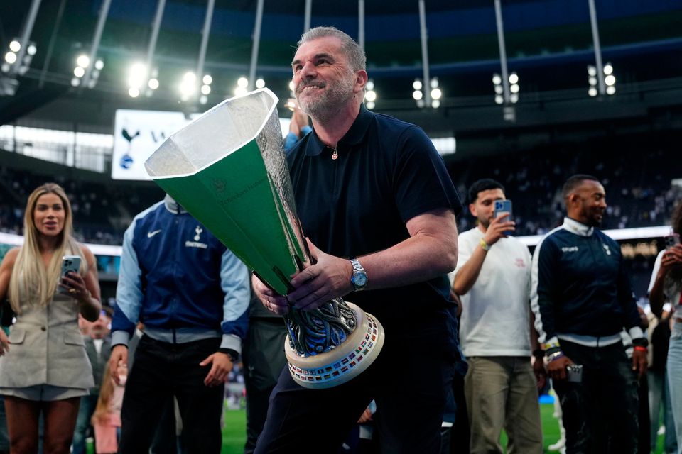 Tottenham Hotspur manager Ange Postecoglou with the Europa League trophy. Picture: PA Wire