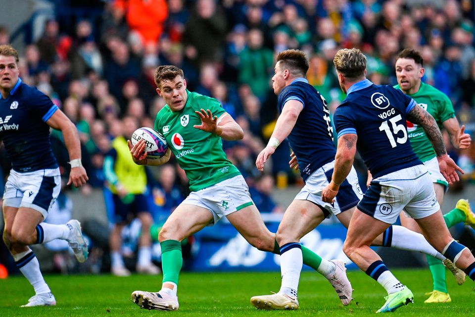 Garry Ringrose of Ireland makes a break during the Six Nations match against Scotland
