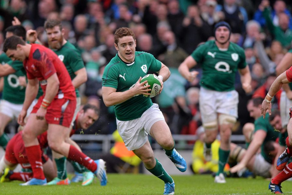 Ireland's Paddy Jackson on his way to scoring his side's second try against Wales at the Aviva Stadium