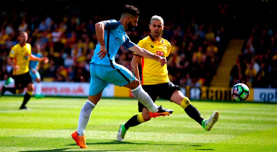 Manchester City's Sergio Aguero shoots towards goal. Photo credit: Steven Paston/PA Wire