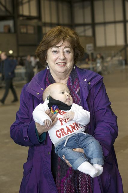 Catherine Murphy of the Social Democrats with her grandson Oisin O’Halloran, 4 months, at the North Kildare election count centre in Punchestown Photo: Tony Gavin/Tony Gavin Photography