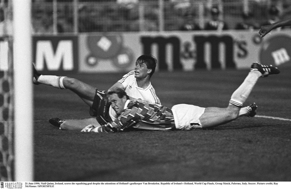 21 June 1990; Niall Quinn, Ireland, scores the equalising goal despite the attentions of Holland's goalkeeper Van Breukelen. Republic of Ireland v Holland, World Cup Finals, Group Match, Palermo, Italy. Soccer. Picture credit; Ray McManus / SPORTSFILE