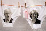 thumbnail: Images of Conservative Party leadership contender, Boris Johnson (L), and current Leader, and Britain's Prime Minister, Theresa May, are pictured on pairs of pants displayed at the Glastonbury Festival of Music and Performing Arts on Worthy Farm near the village of Pilton in Somerset, South West England, on June 26, 2019. (Photo by Oli SCARFF / AFP)OLI SCARFF/AFP/Getty Images