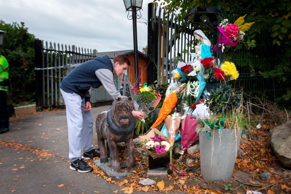 A well wisher brings flowers to the scene of the tragic fire at Glenmaluck Road, Carrickmines yesterday. Photo: Tony Gavin. 
Photo: Tony Gavin 10/10/2015