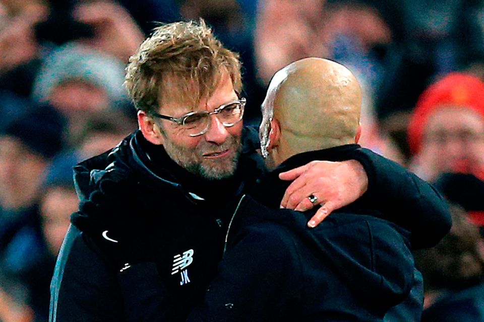 Liverpool manager Jurgen Klopp and Manchester City manager Pep Guardiola. Photo: Peter Byrne/PA Wire