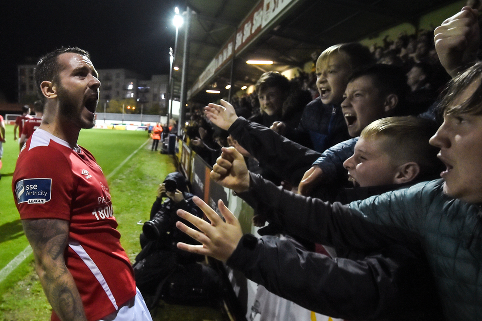 Kurtis Byrne of St Patrick's Athletic celebrates after scoring his side's fourth goal during the SSE Airtricity League Premier Division match between St Patrick's Athletic and Cork City at Richmond Park in Dublin. Photo by Stephen McCarthy/Sportsfile