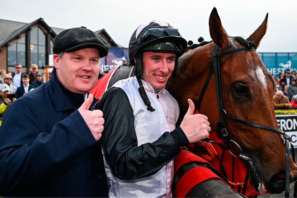 Trainer Gordon Elliott, left, jockey Jack Kennedy and Teahupoo after winning the Ladbrokes Champion Stayers Hurdle during day three of the Punchestown Festival. Photo: Seb Daly/Sportsfile