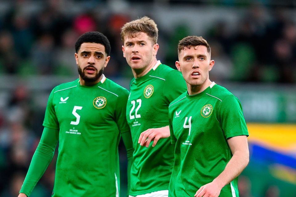 Ireland used Dara O'Shea (right), Nathan Collins and Andrew Omobamidele (left) as a defensive three against Belgium last week. Photo: Seb Daly/Sportsfile