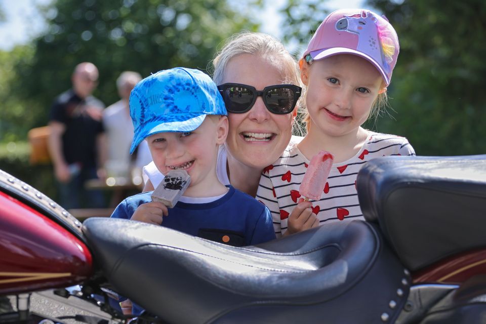 Alice Thompson with her children, Siún and Finn Spellman, at Ireland BikeFest. Photo: Valerie O'Sullivan.