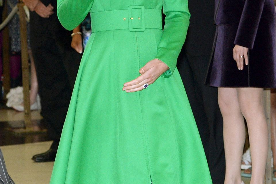 Her green Catherine Walker coat dress was picture perfect during a reception at Parliament House Down Under