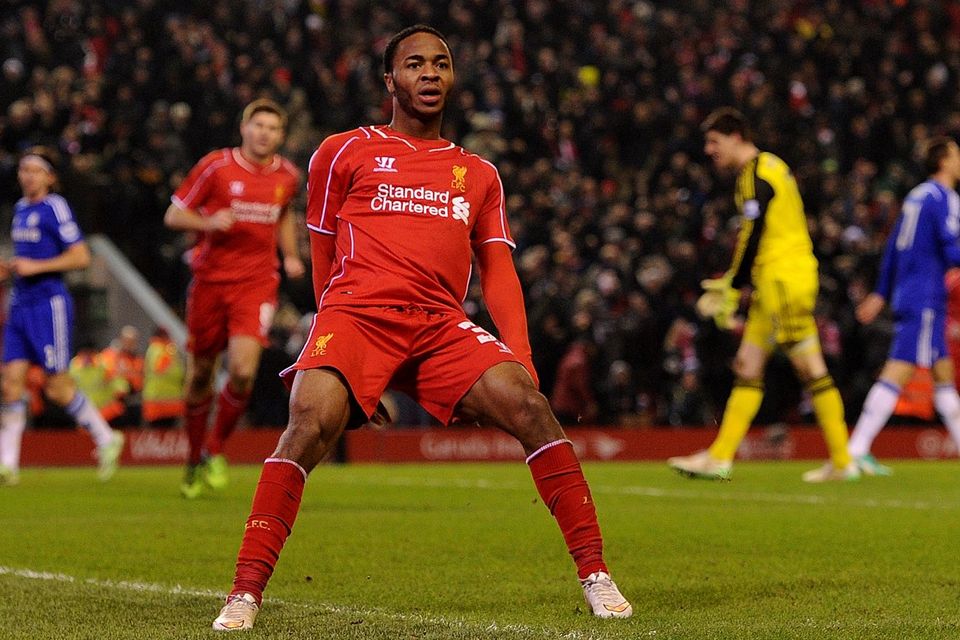 Raheem Sterling celebrates after netting Liverpool's equaliser in their Capital One Cup semi-final clash with Chelsea at Anfield. Photo: Andrew Powell/Liverpool FC via Getty Images