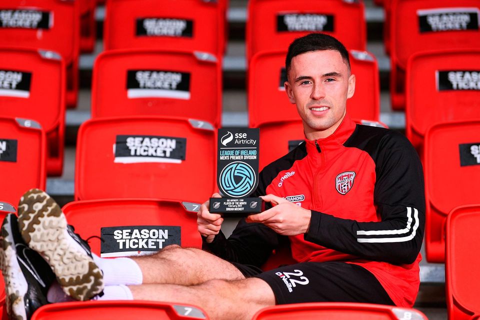 Derry City's Jordan McEneff with his SSE Airtricity/SWI Player of the Month award for February. Photo: Sportsfile