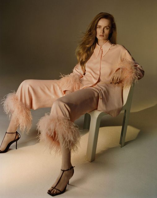 Peach satin blouse and trousers from Mango
