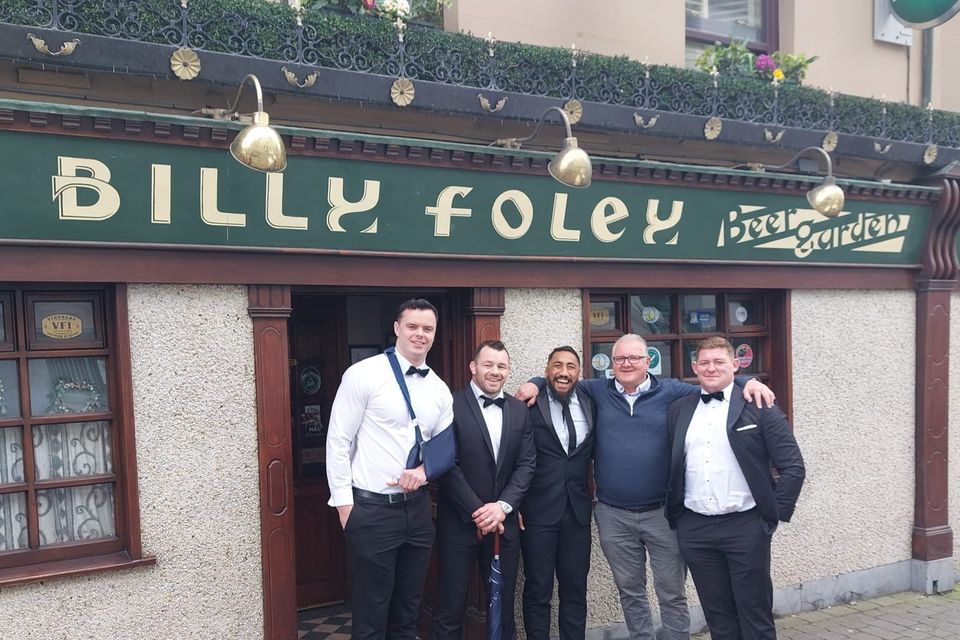 James Ryan, Cian Healy, Bundee Aki, Seamus Foley, and Tadhg Furlong, enjoying the atmosphere at Robbie Henshaw and Sophie Marren's wedding celebrations in Cashel 
