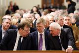 thumbnail: Former taoisigh, Brian Cowen, left and Bertie Ahern, right, with former Fianna Fáil politician Donie Cassidy (middle) at the state funeral of John Bruton at St Peter and Paul's Church, in Dunboyne. Photo: Julien Behal/ via Reuters