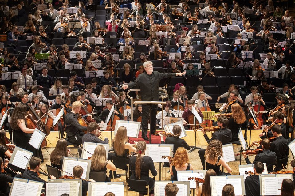 Sir James MacMillan conducts around 1,200 school pupils in one of the largest orchestras ever assembled in Scotland at a concert in Glasgow in June 2019 (Jane Barlow/PA)